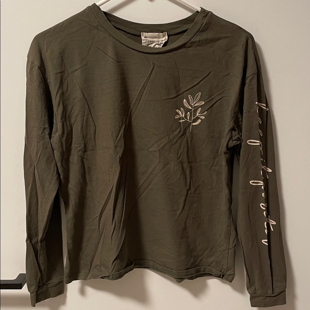 Olive Green Long Sleeve Shirt with Leaf Design